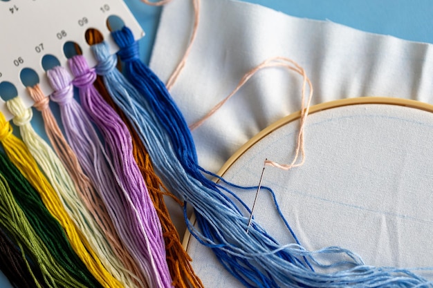 Zbliżenie haftu na lnianej tkaninie